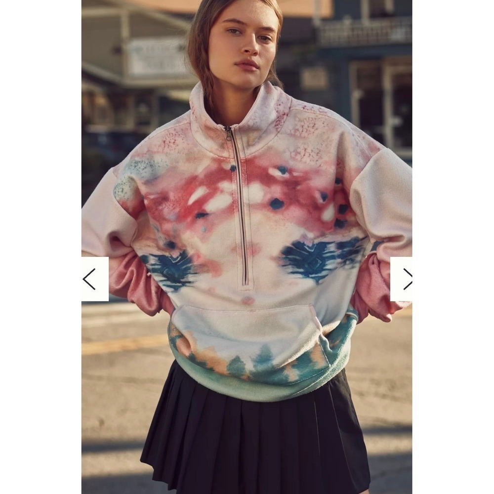 Pilcro Anthropologie Half Zip Fleece Pullover Scenic Print Multicolor Pink‎ Sz S